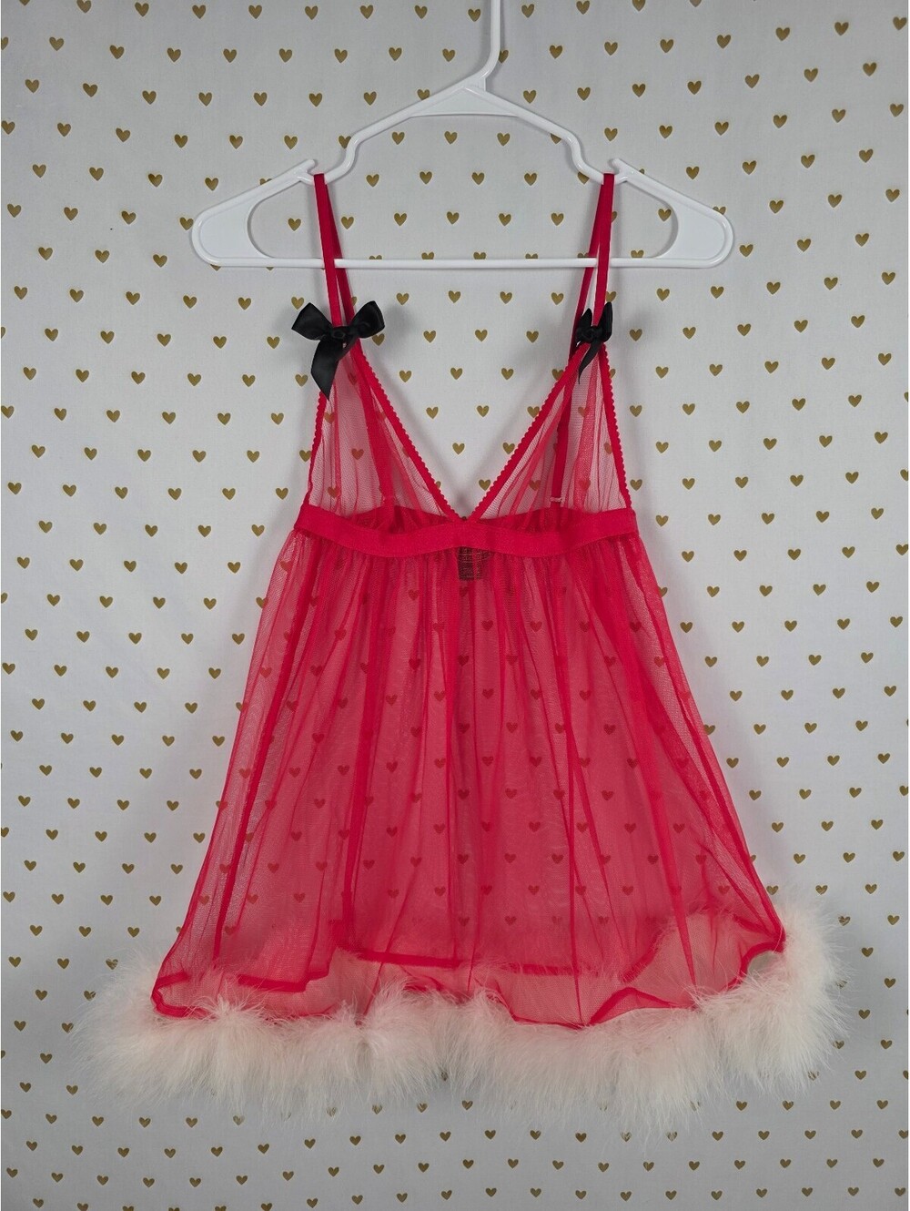 Victoria's Secret Red Heart Mesh Babydoll M Marabou Feather Trim Y2K SANTA XMAS